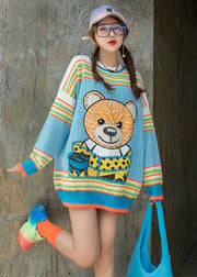 Elegant Blue O-Neck Nail Bead Patchwork Fall Loose Sweater