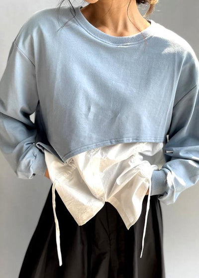 Elegant Blue O-Neck Patchwork Asymmetrical Design Fall Sweatshirts Top - bagstylebliss