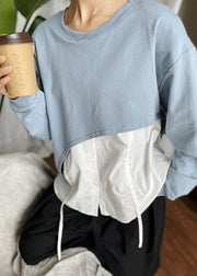 Elegant Blue O-Neck Patchwork Asymmetrical Design Fall Sweatshirts Top - bagstylebliss