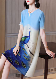 Elegant Blue O-Neck Peacock Print Silk Mid Dress Short Sleeve