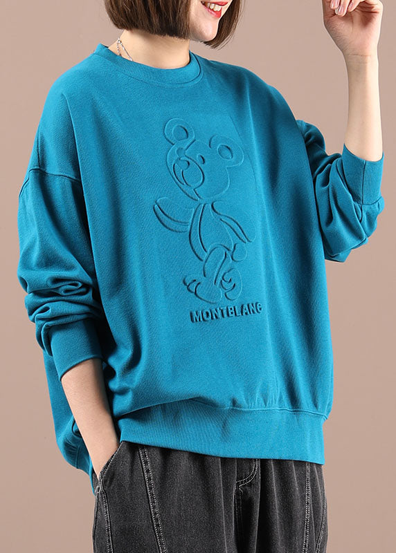 Elegante blaue O-Neck-Print-lose Herbst-Sweatshirts