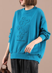 Elegant Blue O-Neck Print Loose Fall Sweatshirts