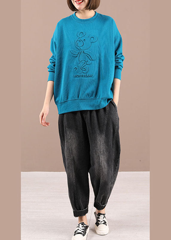 Elegant Blue O-Neck Print Loose Fall Sweatshirts