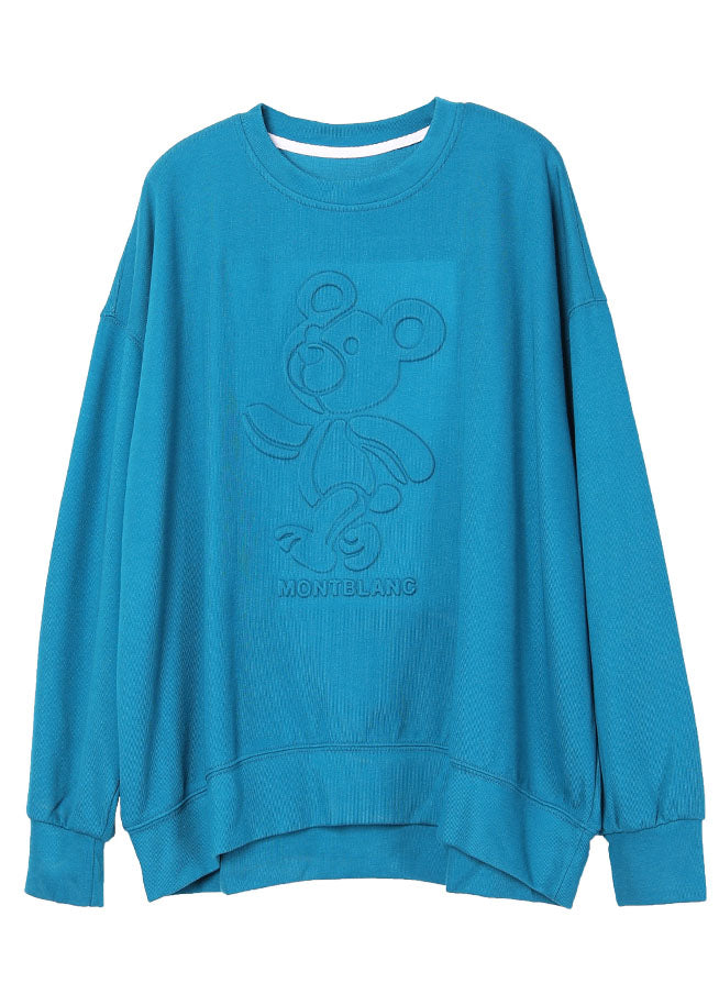 Elegant Blue O-Neck Print Loose Fall Sweatshirts