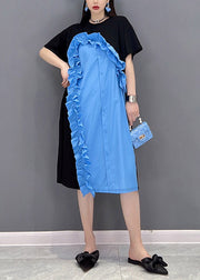 Elegant Blue O-Neck Ruffled Patchwork Button Dress Short Sleeve