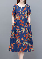 Elegant Blue O-Neck Wrinkled Print Cotton Cinch Dresses Short Sleeve