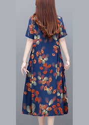 Elegant Blue O-Neck Wrinkled Print Cotton Cinch Dresses Short Sleeve