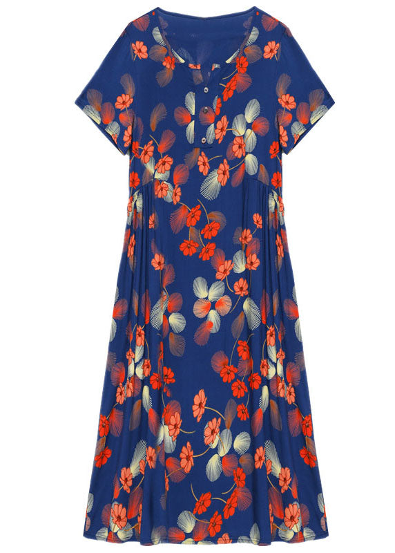 Elegant Blue O-Neck Wrinkled Print Cotton Cinch Dresses Short Sleeve