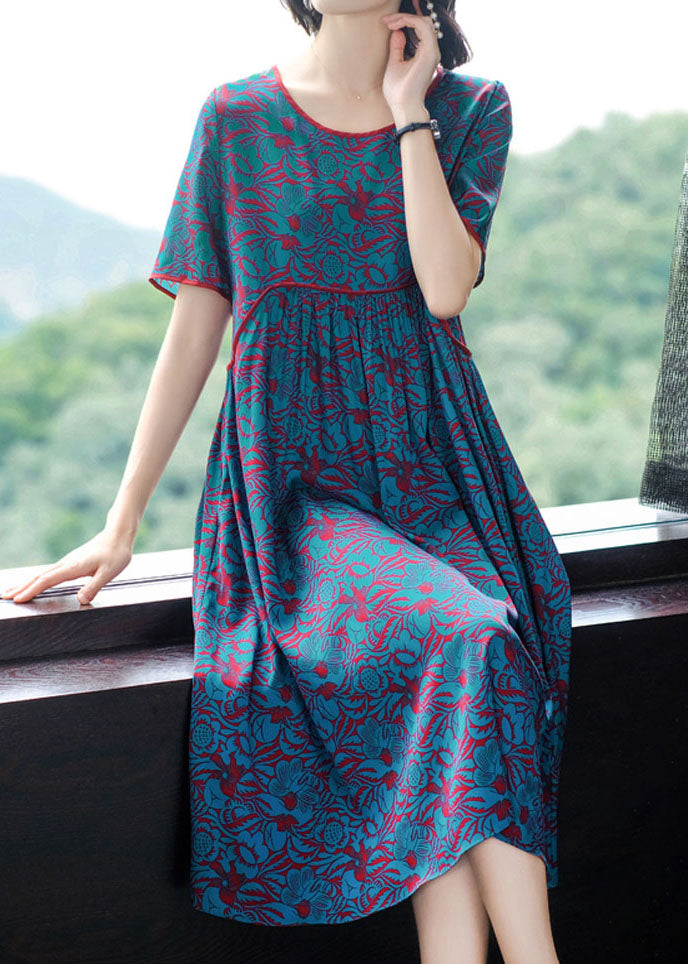 Elegant Blue O-Neck Wrinkled Print Silk Long Dress Short Sleeve