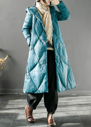 Elegant Blue Plaid Pockets Button Duck Down Long Hooded Down Coat Long Sleeve