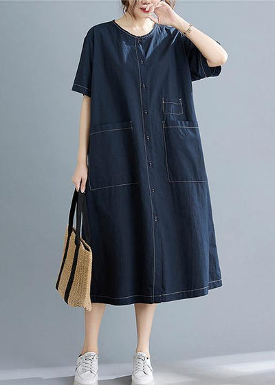 Elegant Blue Pockets Short Sleeve Maxi Summer Cotton Dress - bagstylebliss