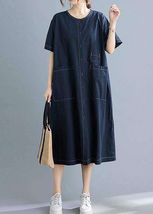 Elegant Blue Pockets Short Sleeve Maxi Summer Cotton Dress - bagstylebliss
