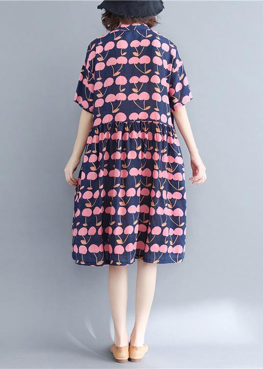 Elegant Blue Print Cotton Button Summer Ankle Dress - bagstylebliss