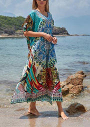 Elegant Blue Print Cotton V Neck Beach Gown Ankle Dress - bagstylebliss
