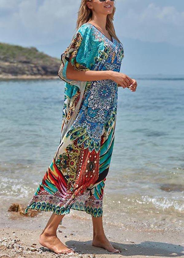 Elegant Blue Print Cotton V Neck Beach Gown Ankle Dress - bagstylebliss