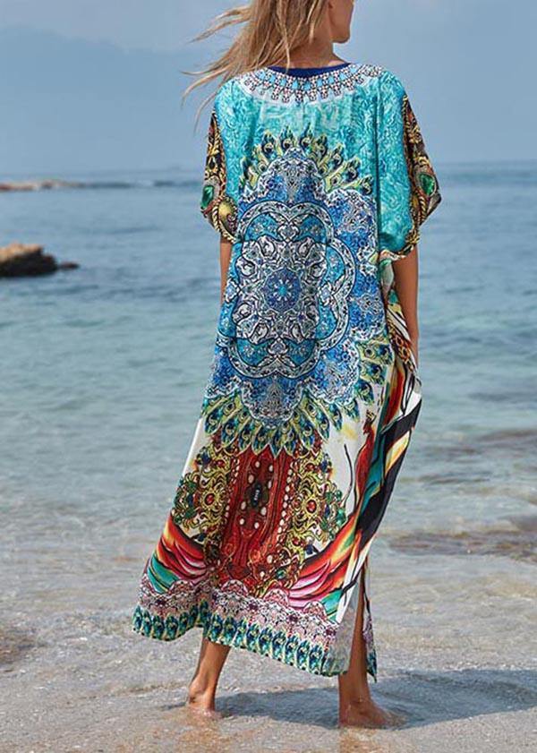 Elegant Blue Print Cotton V Neck Beach Gown Ankle Dress - bagstylebliss