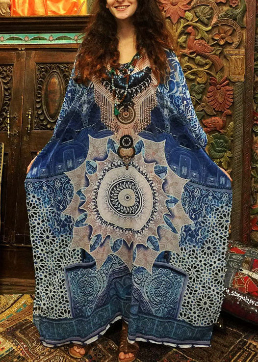 Elegant Blue Print O-Neck kimono robe Mid Summer Cotton Dress