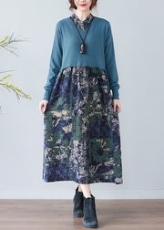 Elegant Blue Stand Collar Button Patchwork Long Dresses Long Sleeve