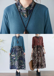 Elegant Blue Stand Collar Button Patchwork Long Dresses Long Sleeve