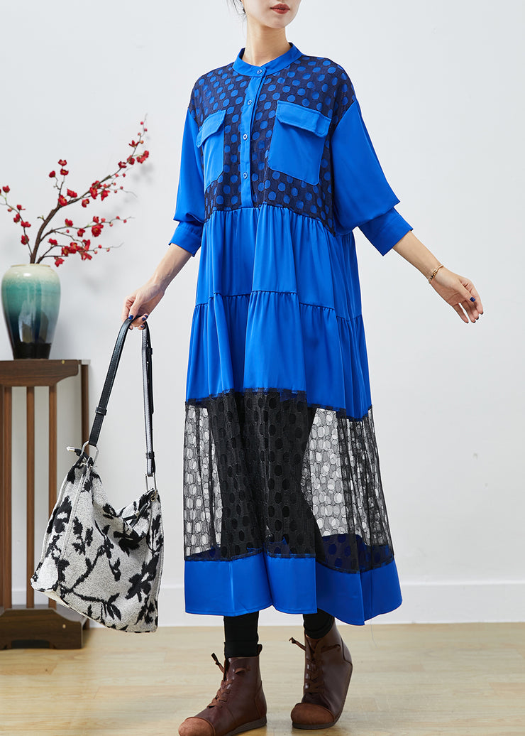 Elegant Blue Stand Collar Patchwork Lace Cotton Dress Fall