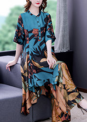 Elegant Blue Stand Collar Print Silk Shirt And Wide Leg Pants Two-Piece Set Half Sleeve