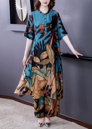 Elegant Blue Stand Collar Print Silk Shirt And Wide Leg Pants Two-Piece Set Half Sleeve