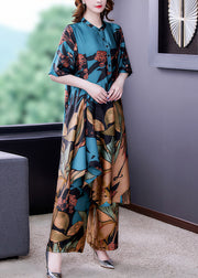 Elegant Blue Stand Collar Print Silk Shirt And Wide Leg Pants Two-Piece Set Half Sleeve