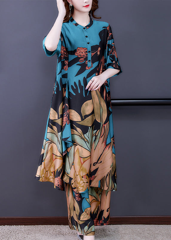 Elegant Blue Stand Collar Print Silk Shirt And Wide Leg Pants Two-Piece Set Half Sleeve