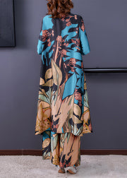 Elegant Blue Stand Collar Print Silk Shirt And Wide Leg Pants Two-Piece Set Half Sleeve