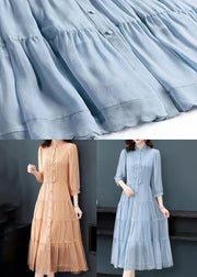 Elegant Blue Stand Collar Wrinkled Button Patchwork Silk Dress Fall