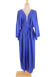 Elegant Blue Tie Waist Solid Maxi Holiday Cardigans Summer