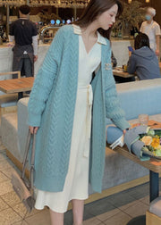 Elegant Blue V Neck Cozy Long Knit Cardigan Spring