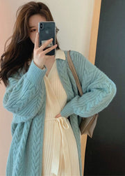 Elegant Blue V Neck Cozy Long Knit Cardigan Spring