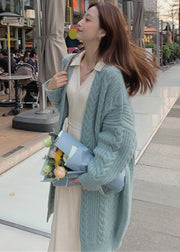 Elegant Blue V Neck Cozy Long Knit Cardigan Spring