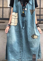 Elegant Blue V Neck Patchwork Denim Maxi Slip Dress Sleeveless