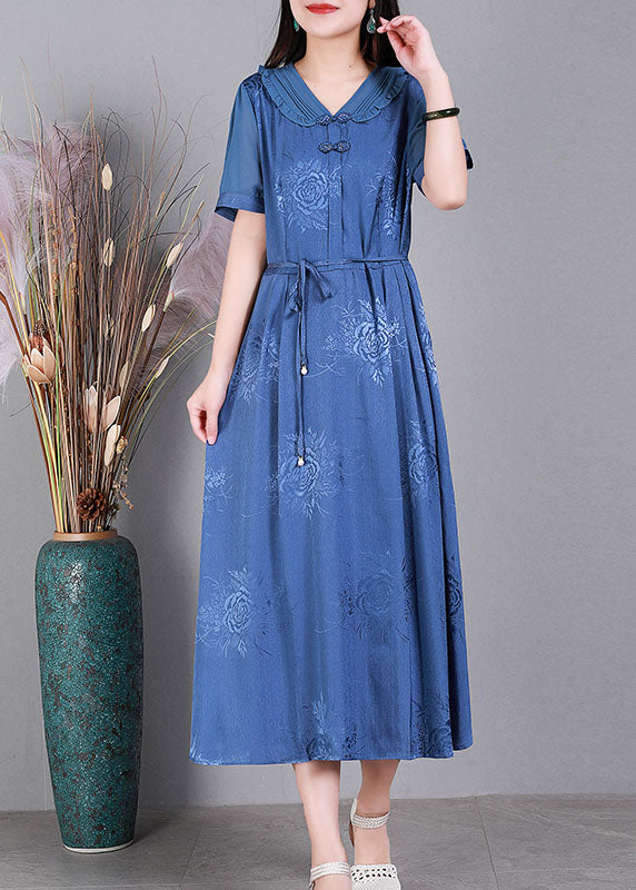 Elegant Blue V Neck Tie Waist Jacquard Oriental Button Silk Holiday Dress Summer