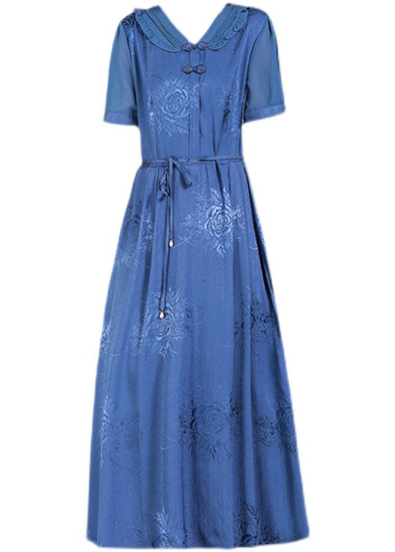 Elegant Blue V Neck Tie Waist Jacquard Oriental Button Silk Holiday Dress Summer