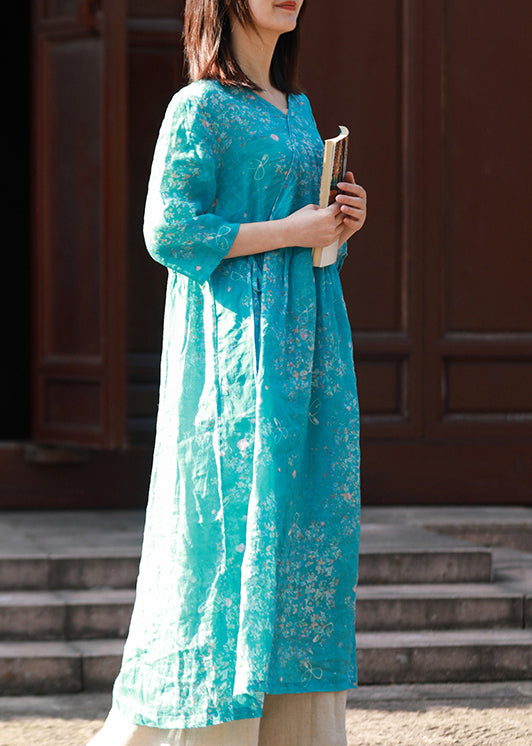 Elegant Blue V Neck tie waist Print Linen Dress Half Sleeve