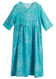 Elegant Blue V Neck tie waist Print Linen Dress Half Sleeve