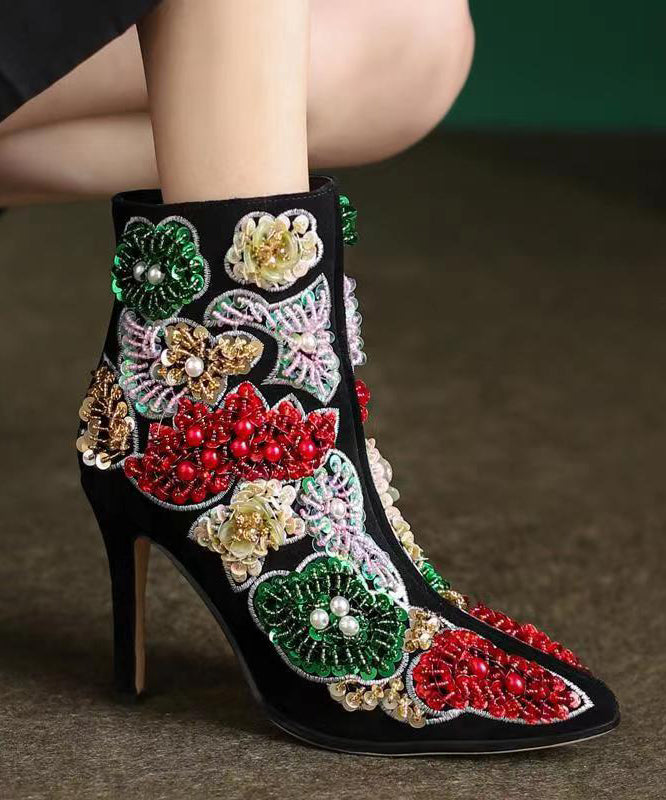 Elegant Boho Black Embroidered Nail Bead Short Boots Stiletto Sheepskin