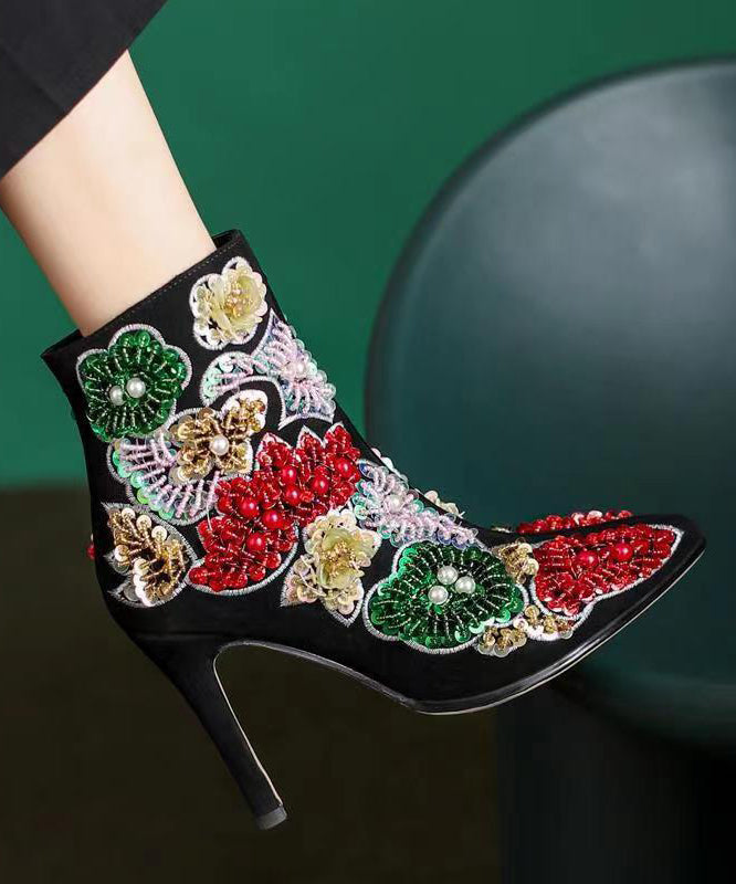 Elegant Boho Black Embroidered Nail Bead Short Boots Stiletto Sheepskin