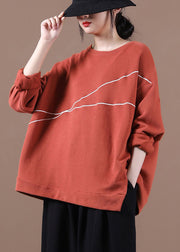 Elegant Brick Red O-Neck Embroideried Loose Fall Sweatshirt