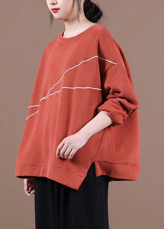 Elegant Brick Red O-Neck Embroideried Loose Fall Sweatshirt