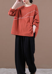 Elegant Brick Red O-Neck Embroideried Loose Fall Sweatshirt