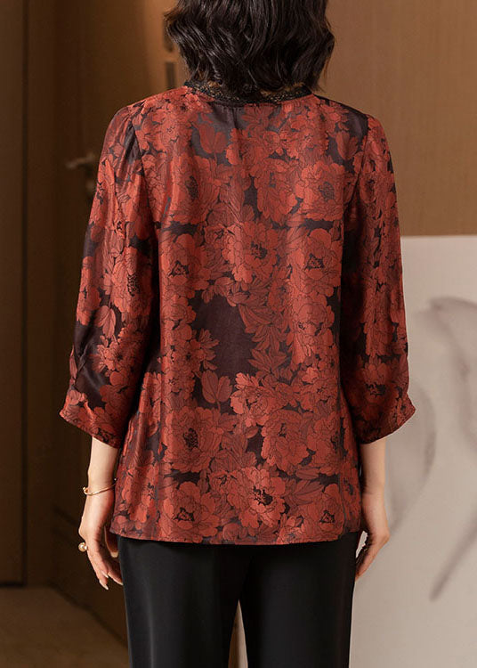 Elegant Brick Red O-Neck Lace Patchwork Draping Silk Shirt Top Bracelet Sleeve