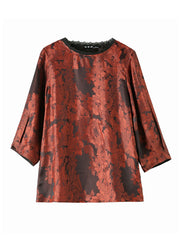 Elegant Brick Red O-Neck Lace Patchwork Draping Silk Shirt Top Bracelet Sleeve