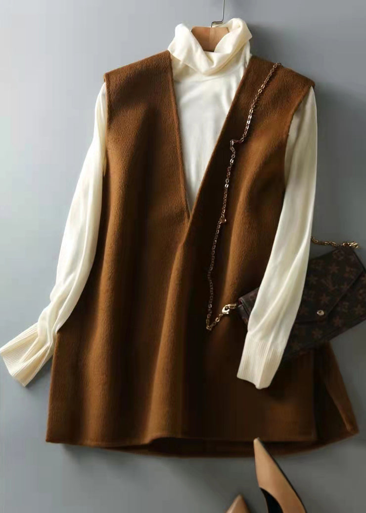 Elegant Brown Chocolate side open Button V Neck Woolen Vest Sleeveless