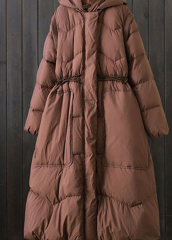 Elegant Brown Hooded Patchwork Pockets Duck Down Puffer Winter