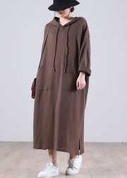 Elegant Brown Hooded Pockets Side Open Fall Sweatshirt Dresses