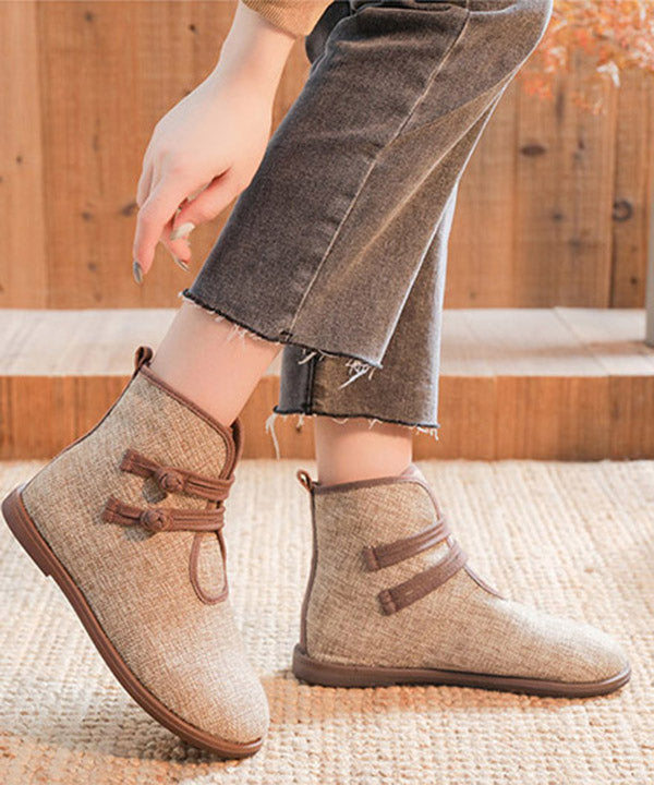 Elegant Buckle Strap Ankle Boots Khaki Comfy Cotton Fabric